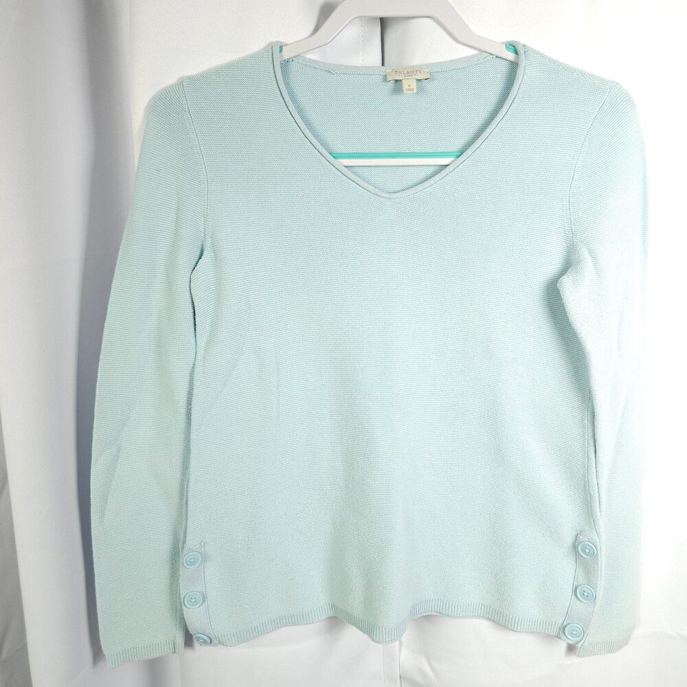 Talbots Women's Petite Blue Long Sleeve V-Neck Sweater‎ 100% Cotton